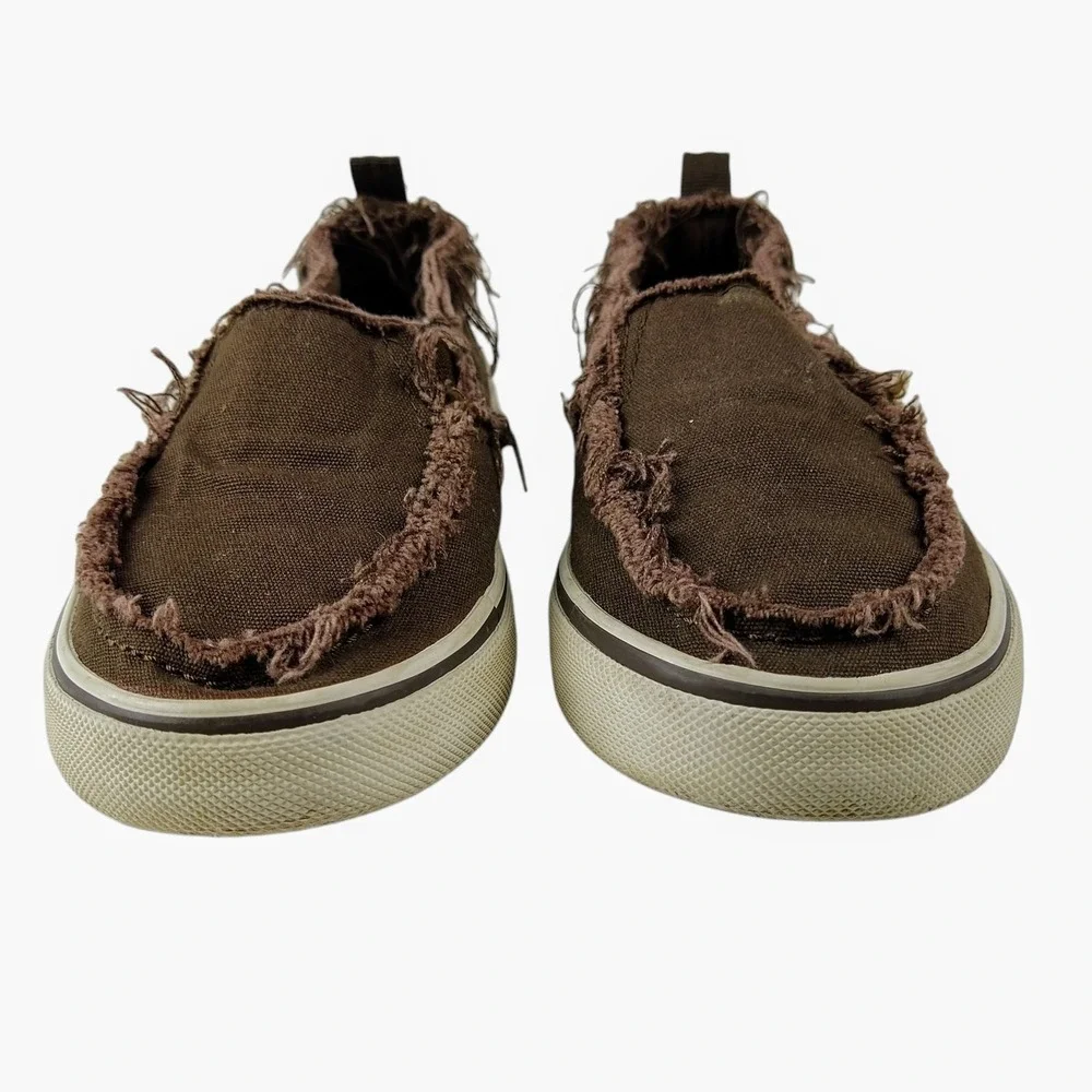 GAP Slip On Shoes Kids Sz 11 Brown Frayed Canvas Distressed‎ Plaid Lined Loafers